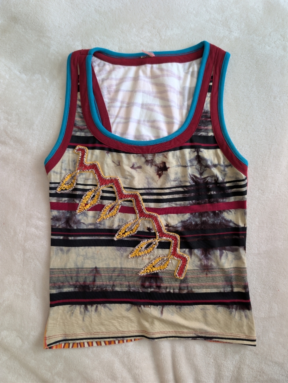 Save The Queen Striped Embroidered Tank in Teal & Burgundy